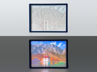 Farbiges Lithophane vom Königssee aus PLA CMYK Filament – unbeleuchtet und beleuchtet